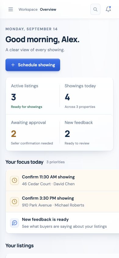 Mobile view of the Showing Bell agent app with showing activity and approval requests